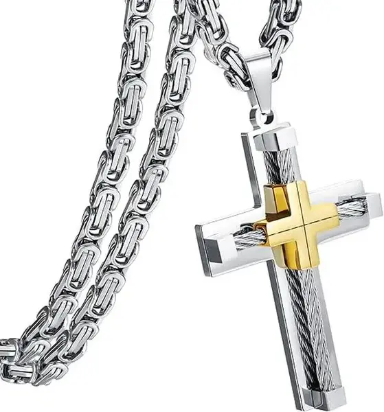 CASSIECA Cross Pendant Necklaces Chain for Men Byzantine Stainless Steel Chain 24 Inches Adjustable Length Fashionable & Dura...