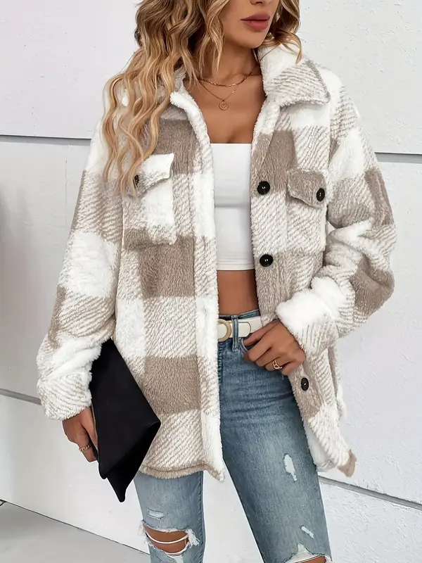 Women's Plaid Print Button Front Drop Shoulder Coat, Casual Long Sleeve Pocket Outerwear For Fall & Winter, Women's Clothes F...