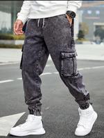 Men's Solid Flap Pocket Cargo Jeans, Regular Fit Casual Street Fashion Denim Trousers for Daily Wear, Men's Bottoms for All S...