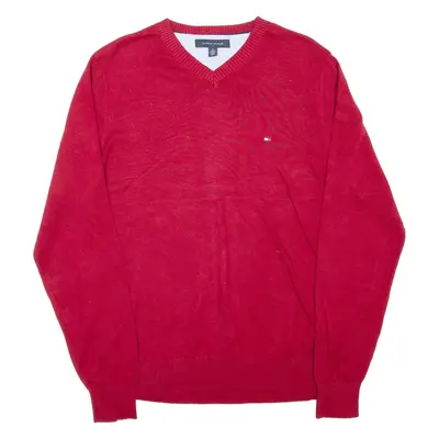 TOMMY HILFIGER Mens Jumper Red V-Neck Tight Knit M
