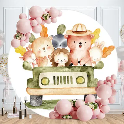 Aperturee Circle Animals And Car Round Baby Shower Backdrop