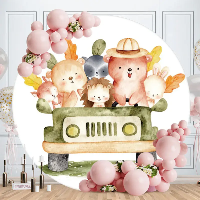 Aperturee Circle Animals And Car Round Baby Shower Backdrop