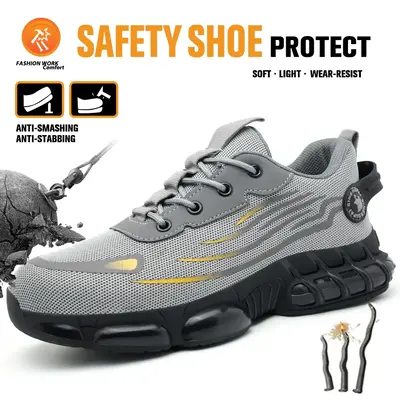 Men's Breathable Mesh Work Sneakers - Durable and Anti-Slip Safety Shoes with Steel Toe Protection, featuring a Casual Stripe...