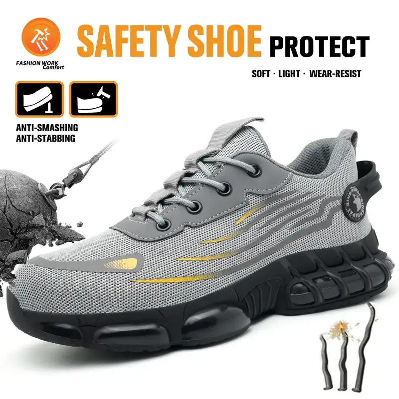 Men's Breathable Mesh Work Sneakers - Durable and Anti-Slip Safety Shoes with Steel Toe Protection, featuring a Casual Stripe...