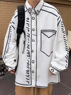 Men's Manga Cartoon Printed Line Shirts for Spring & Summer,Casual Loose Long Sleeve Shirt for Back To School,Men's Clothes,M...