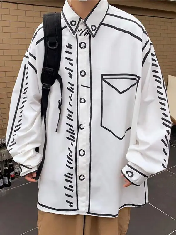 Men's Manga Cartoon Printed Line Shirts for Spring & Summer,Casual Loose Long Sleeve Shirt for Back To School,Men's Clothes,M...