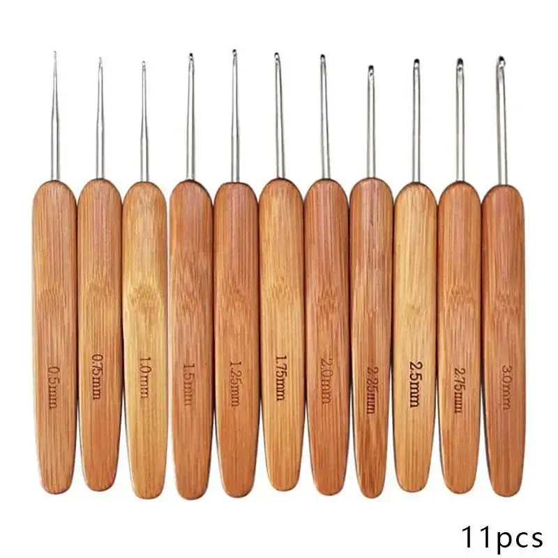 11pcs/set Crochet Hooks Ergonomic Crochet Needles, Bamboo Wooden Handle Small Size Crochet Hook (0.5-3.0 Mm) Knit Weave Yarn ...