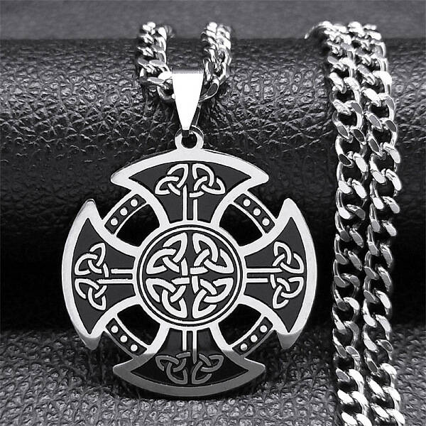 304 Stainless Steel Black Enamel Viking Kont Cross Pendant Necklaces