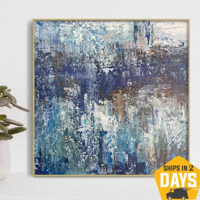 Abstract Oil Painting On Canvas 21.6x21.6 in, Abstract Decor, Blue And Grey, Wall Painting Room Decor, Palette Knife Art | BR...