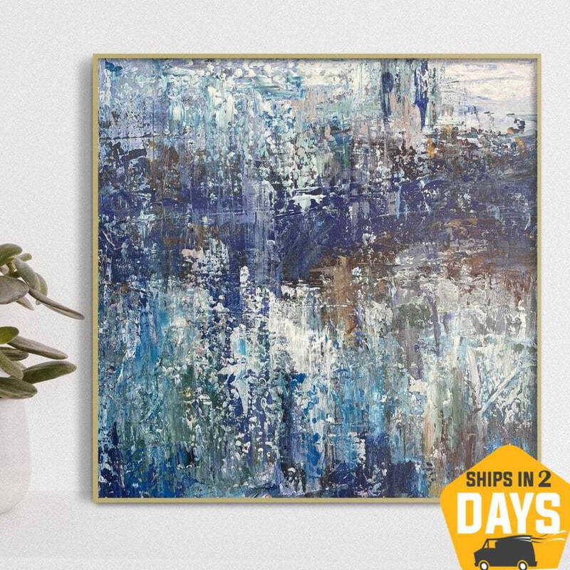 Abstract Oil Painting On Canvas 21.6x21.6 in, Abstract Decor, Blue And Grey, Wall Painting Room Decor, Palette Knife Art | BR...