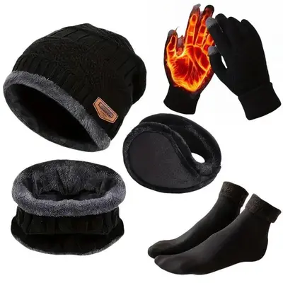 Winter Warm Knitted Set, 5 Counts/set Hat & Gloves & Ear Cover & Neck Gaiter & Socks, Outdoor Sports Accessories for Men & Wo...