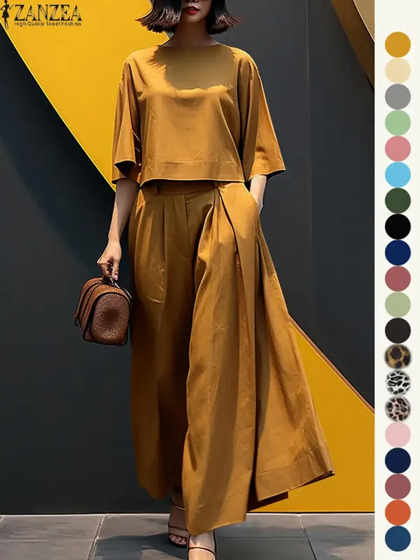 Women's Top & Wide Leg Pants Two-piece Set, Casual Fashion Cozy Three Quarter Length Sleeve Top & Trousers for Daily Outdoor ...