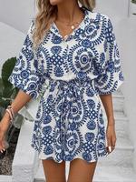 Women's All Over Floral Print Button Front Belted Shirt Romper, Lady Boho Casual Batwing Sleeve Collared Jumpsuit for Summer,...