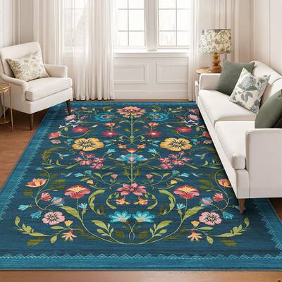 Garvee Washable Rug 8x10 Floral Vintage Boho Area Rug for Living Room Bedroom Blue Non Slip Low Pile