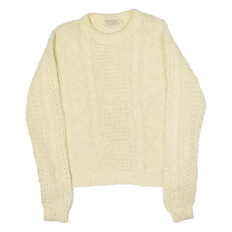 Vintage CHAMPION Mens Heavy Knit Jumper Cream Crew Neck 80s Cable Knit M