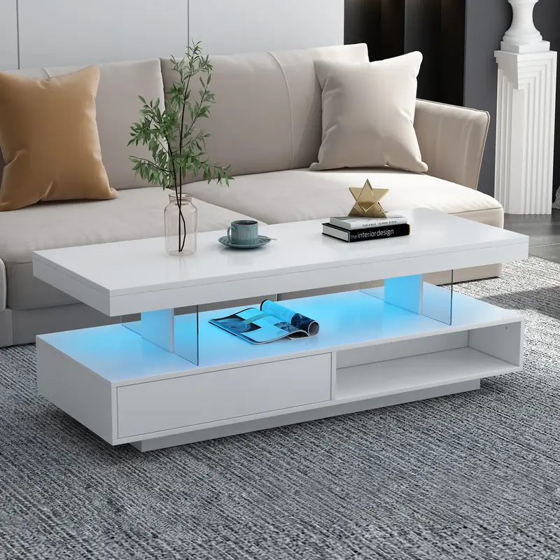 PINGO Coffee Table with 16 Colors LED Lights, High Gloss & Sturdy Center Table with Display Shelves and 2 Drawers, For Home L...