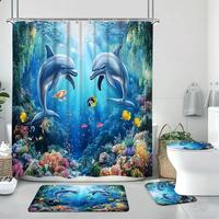 Dolphin Pattern Bathroom Decorations, 1 Set Including Shower Curtain & Toilet U-shape Mat & Bath Mat & Toilet Lid Cover, Bath...