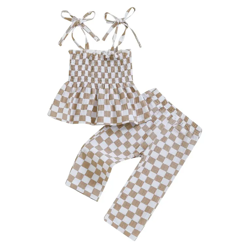 Little Girl Checkered Outfit, Tie Shoulder Shirred Babydoll Tops Elastic Waist Long Pants 2 Pcs Summer Set