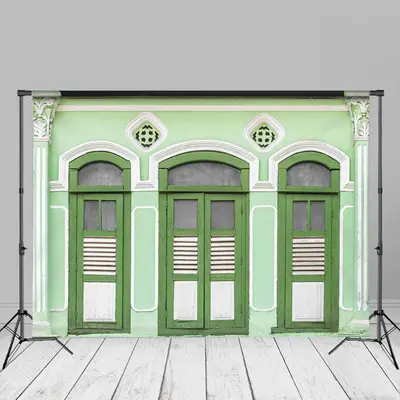 Bright Apple Green Door Window Photography Backdrop - Aperturee