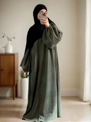 Women's Fall Winter Thick Long Dress, Elegant Fashion Muslim Ramadan Plain Color Warm Corduroy Puff Sleeve with Pocket Robe D...