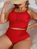 【Plus Size】 Solid Ruched Bikini Set, Adjustable Strap Tankini Tops & Swim Bottom, Women's Two-piece Swimming Swimsuit for...