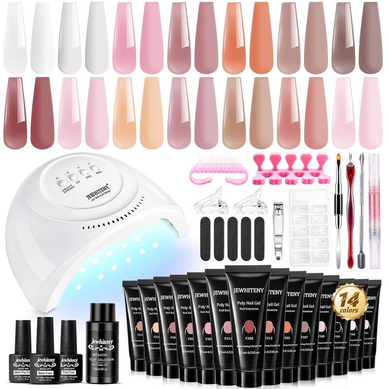 JEWHITENY 14 Colors Poly Extension Gel Nail Kit With Nail Lamp Nude Pink White Brown All In One Poly Nail Gel Starter Ki