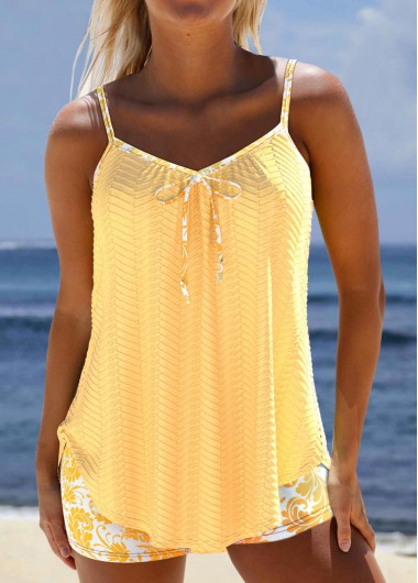 Modlily Jacquard Floral Print Light Yellow Tankini Set - S
