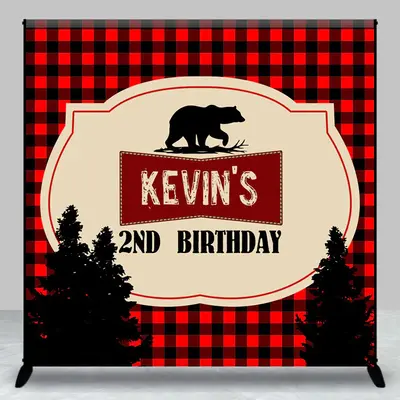 Aperturee Black Red Plaid Bear Custom 2nd Birthday Backdrop, 3X3FT(1X1M), 15 USD, custom birthday backdrops, DZYZ9O22-O