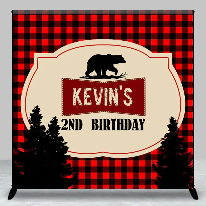 Aperturee Black Red Plaid Bear Custom 2nd Birthday Backdrop, 3X3FT(1X1M), 15 USD, custom birthday backdrops, DZYZ9O22-O
