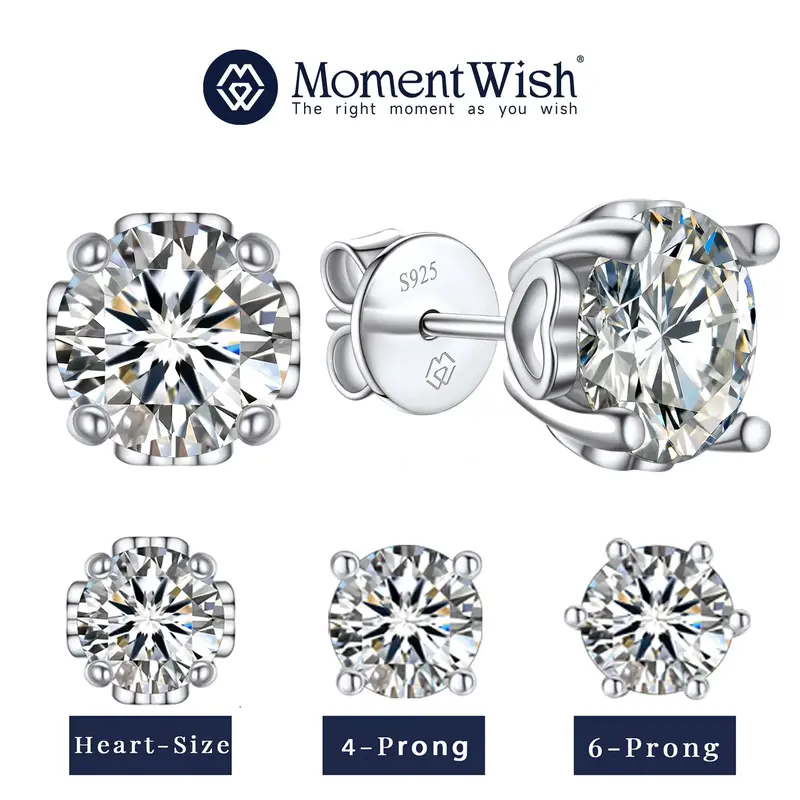 【#72 Classic Stud】MomentWish Synthetic Moissanite Earrings for Women,  0.5-2Carat Heart Surrounding Stud Earrings in 925 ...