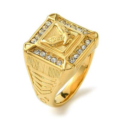 Ion Plating(IP) Square with Bird 304 Stainless Steel Rhinestone Signet Rings