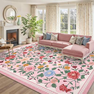 Garvee Washable Rugs 8x10 Area Rug Floral Non-Slip Ultra-Soft Pink for Living Room Bedroom Dining Room Nursery