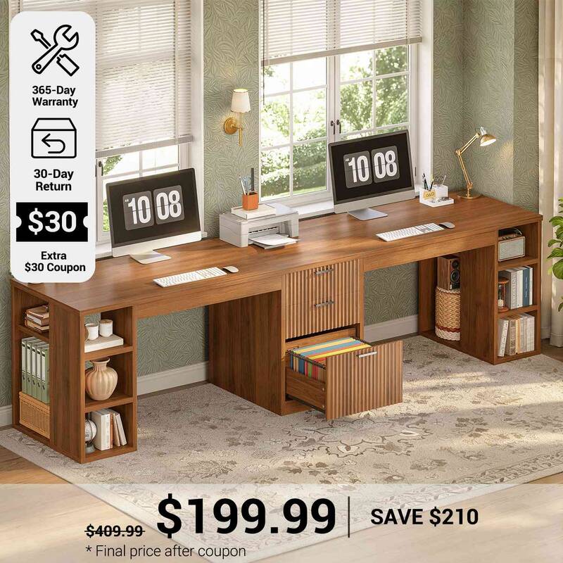 SEDETA 96.5 Inch Fluted Computer Desk with Drawers 2 Person Home Office Desk Gaming Double Desk with Storage Shelves Long Two...