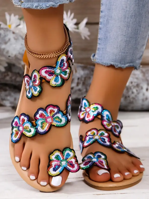 Women's 1 Pair Butterfly Design Toe Thong Sandals, Boho Style Slip on Sandals for Beach Vacation, Fashionable Shoes for Daily...