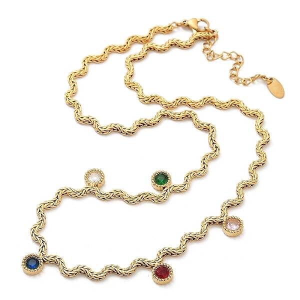 304 Stainless Steel Rope Chain Colorful Cubic Zirconia Tassel Necklaces for Women