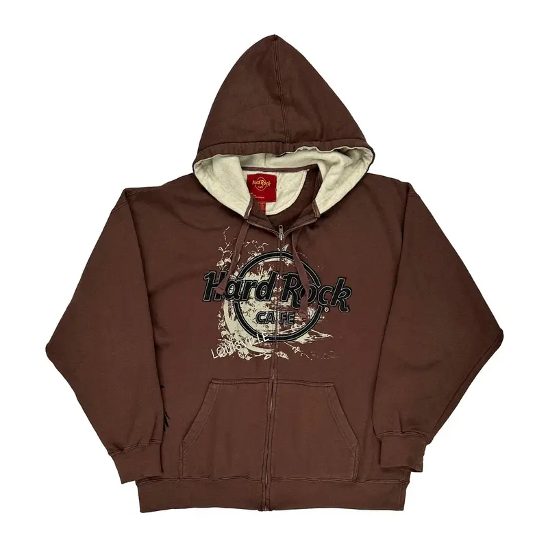 Louisville Hard Rock Cafe Spellout Hoodie - XL Brown Cotton Blend