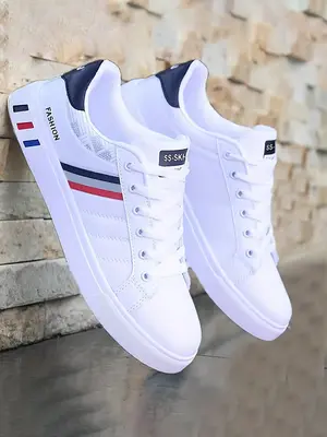 Men's Fashionable Striped & Letter Pattern Lace Up Low Top Sneakers, Casual Comfortable Breathable Non-slip Sports Running Sh...