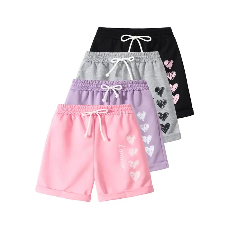 4-piece set, girls' summer shorts with heart print and bow design, comfortable summer shorts