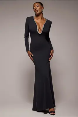 Goddiva Diamante Embellished Neck Bodycon Maxi Dress - Black