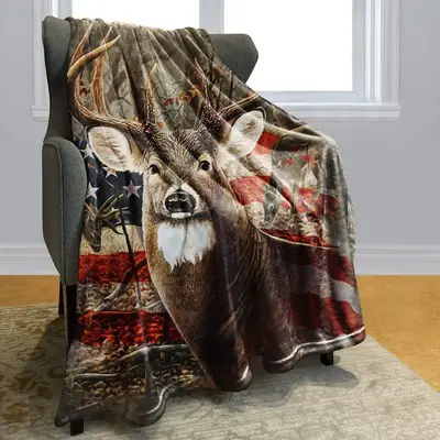 Deer & Flag Pattern Flannel Camping Blanket, Soft Warm Throw Blanket, Air-conditioned Room Decor Blanket, Bedding Supplies fo...