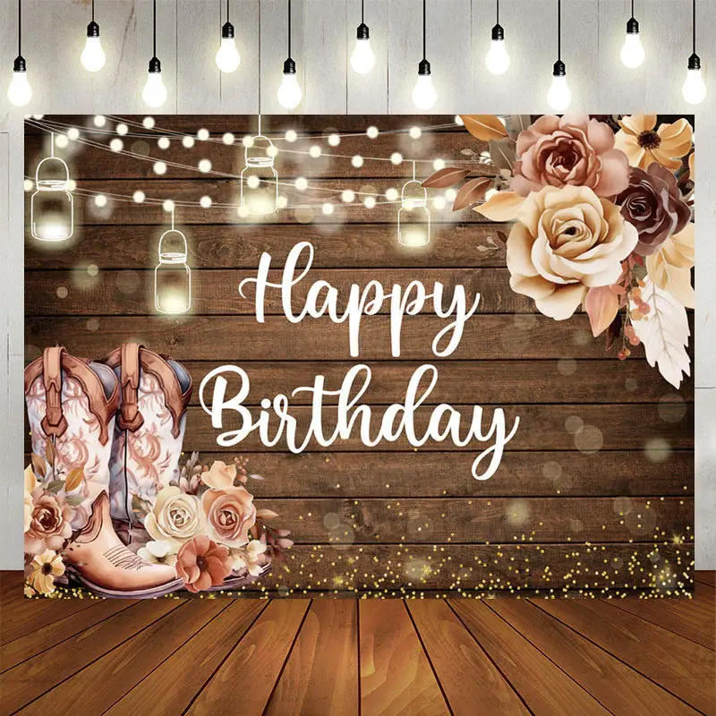 Wooden Cowboy Floral Light Bokeh Birthday Backdrop - Aperturee