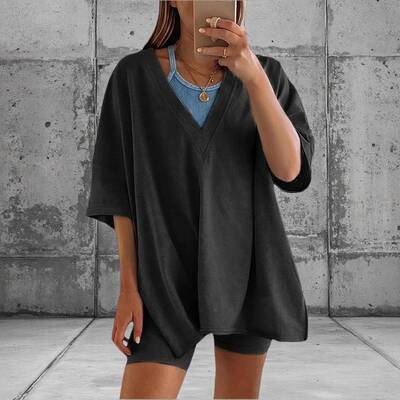 Tanming Women's Oversized 2 Piece Workout Hot Shot Set - Reversible V Neck Tee & Biker Shorts - Casual Streetwear for Yo