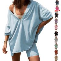 Tanming Womens Oversized 2 Piece Shorts Set  - Reversible V Neck or Round Neck T Shirt & Biker Shorts - Workout Hot Shot Set