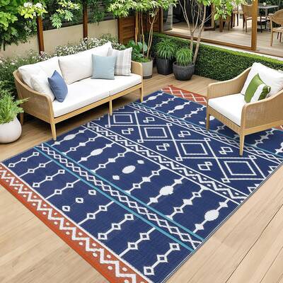 Garvee Outdoor Blue 8x10 Rug Waterproof Reversible Plastic Straw Rug, Anti-UV, Durable Heat-Treated Edges, Lightweight Foldab...