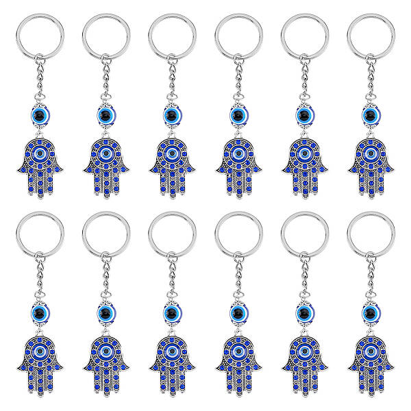 12Pcs Hamsa Hand with Evil Eye Alloy Rhinestones Keychains