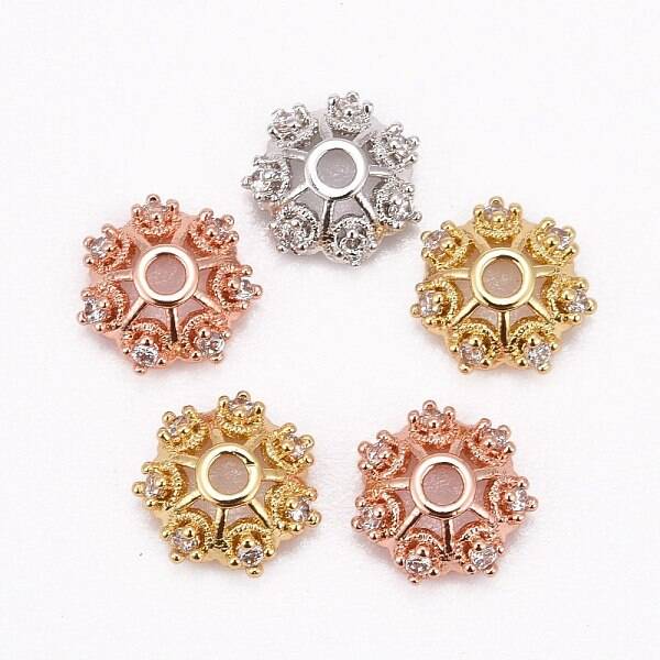 CZ Brass Micro Pave Cubic Zirconia Flower Bead Caps