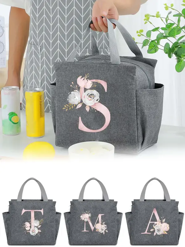 Letter Pattern Insulated Lunch Bag, Large Capacity Waterproof Lunch Handbag, Zipper Thermal Lunch Box for Student Camping Pic...