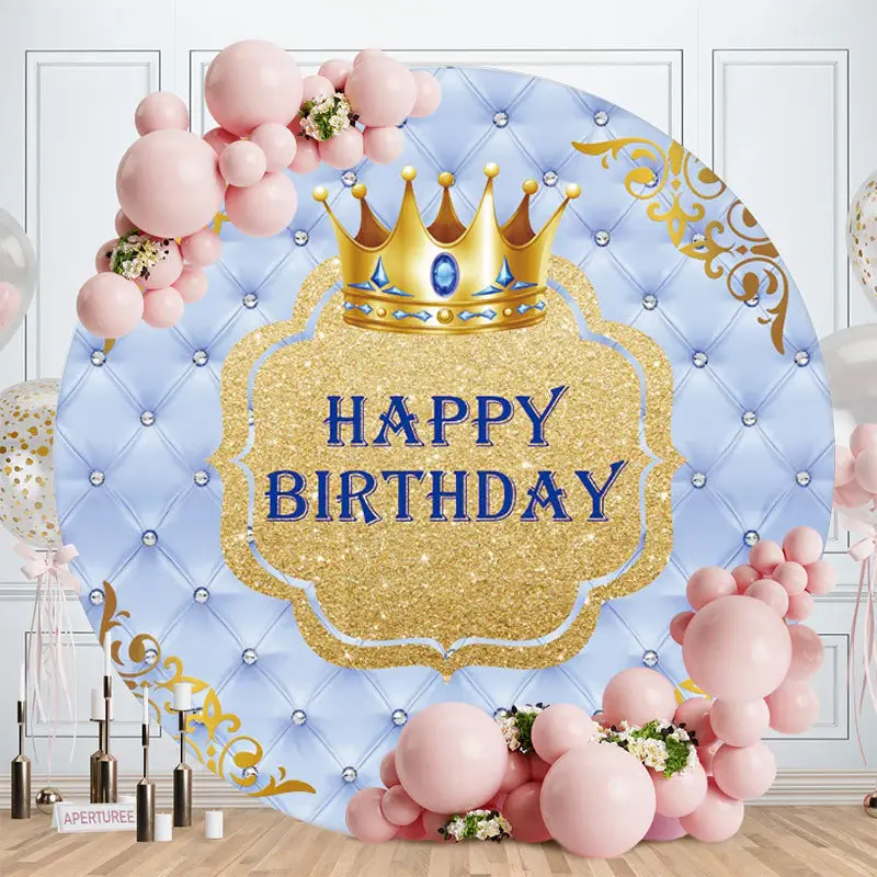 Aperturee Glitter Golden And Blue Crown Round Birthday Backdrop