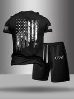 Two-Piece Set Men's American Flag Print Tee & Pocket Drawstring Waist Shorts Set, Regular Fit Casual Crew Neck Short Sleeve T...