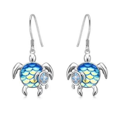 Sterling Silver Circular Shaped Cubic Zirconia Tortoise Drop Earrings